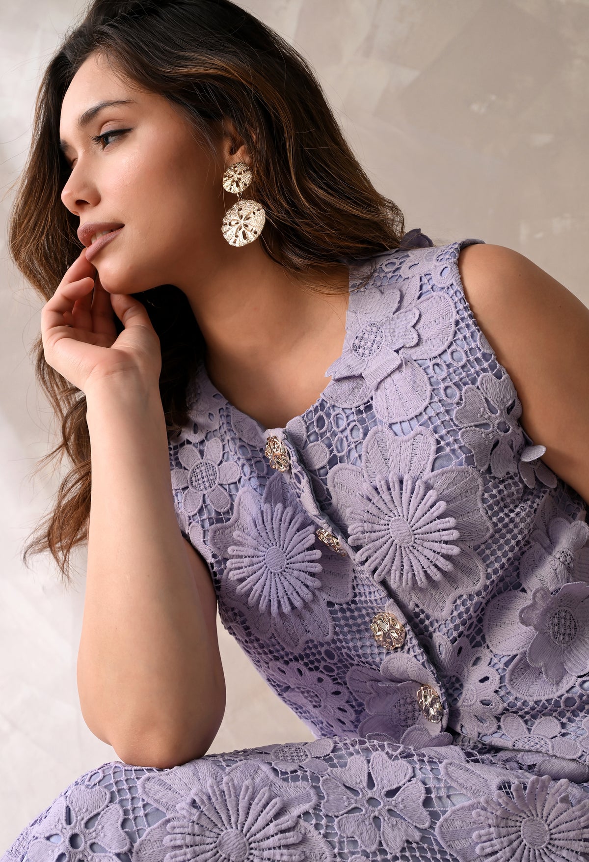 Lilac floral lace sleeveless jacket & midi skirt set