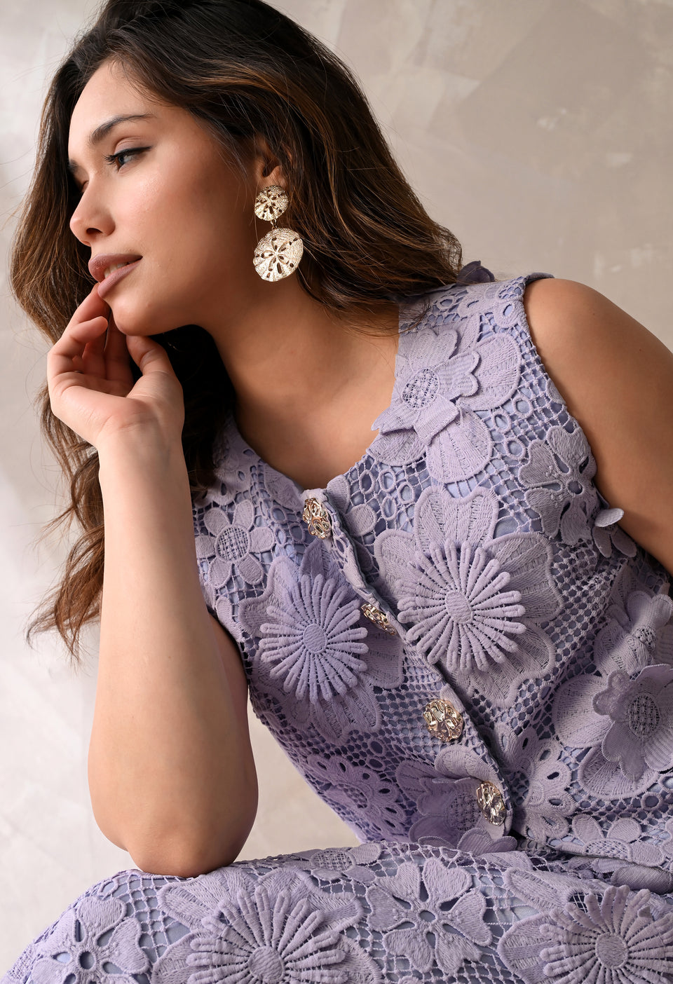 Lilac floral lace sleeveless jacket & midi skirt set