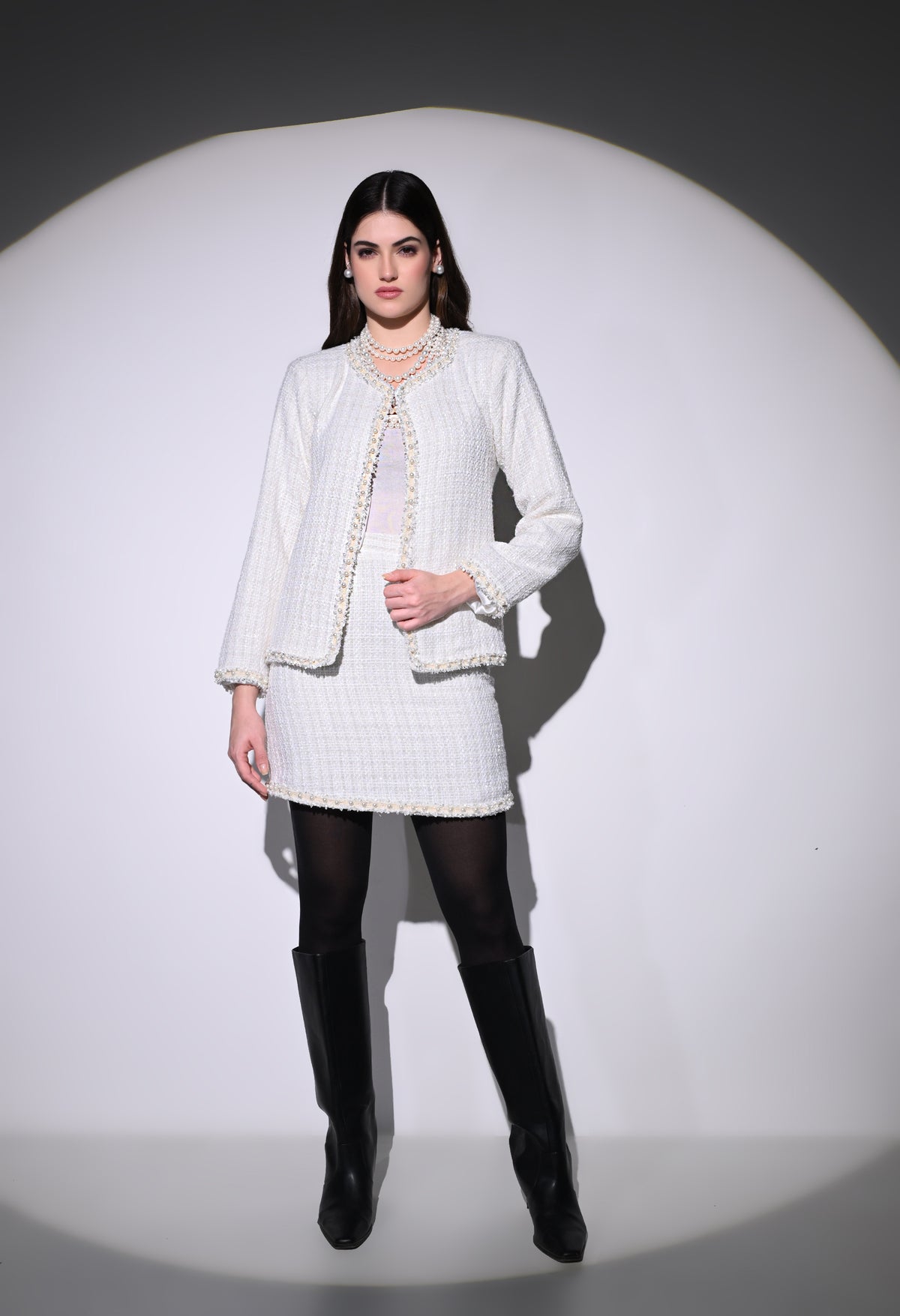 White Vintage Pearl Skirt and Jacket Set