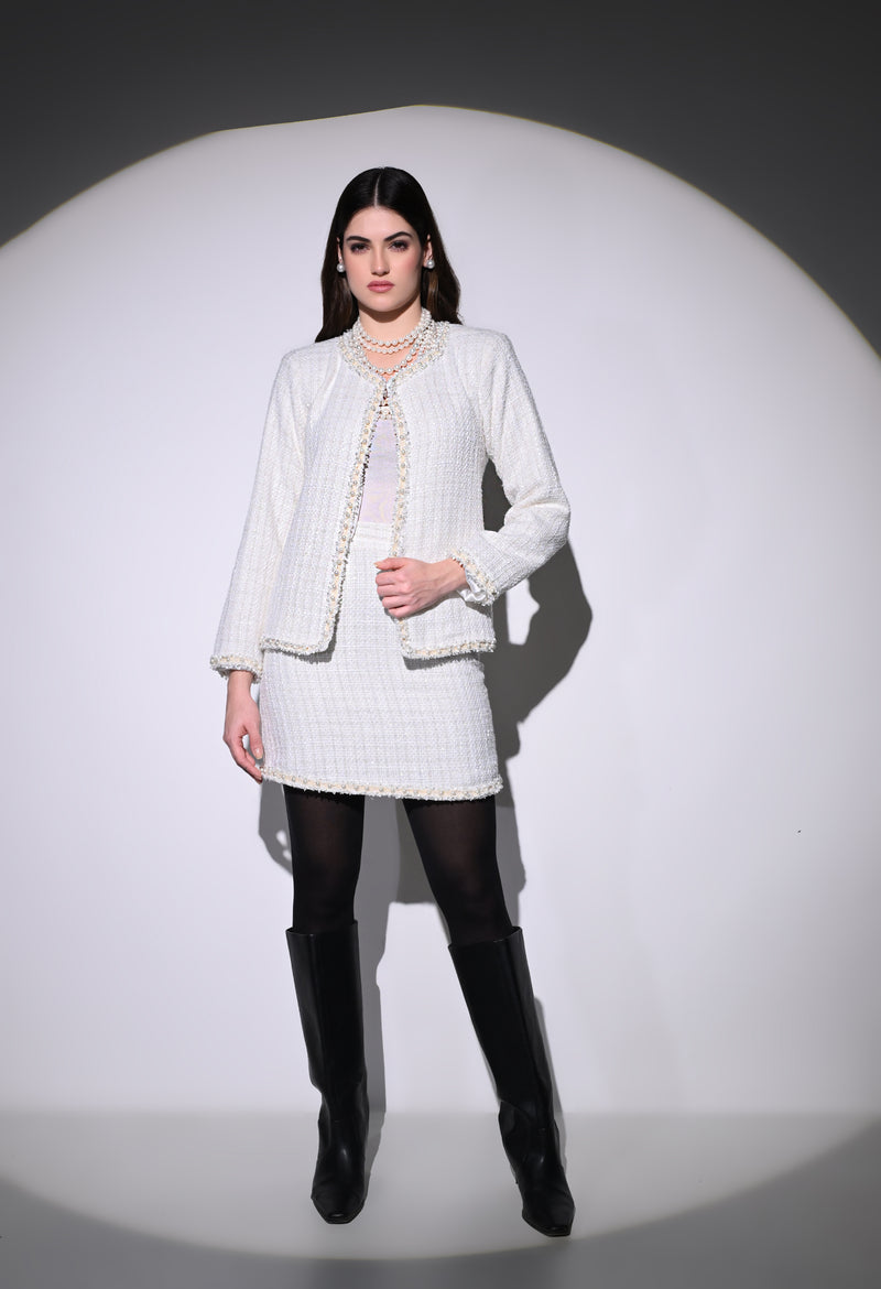 White Vintage Pearl Skirt and Jacket Set
