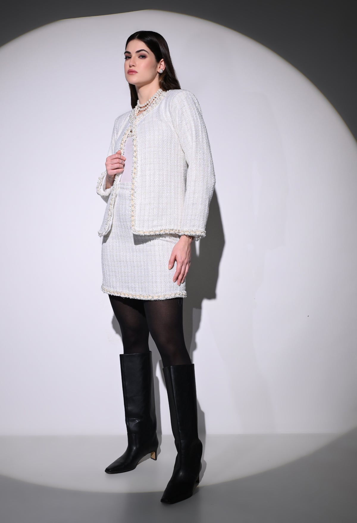 White Vintage Pearl Skirt and Jacket Set