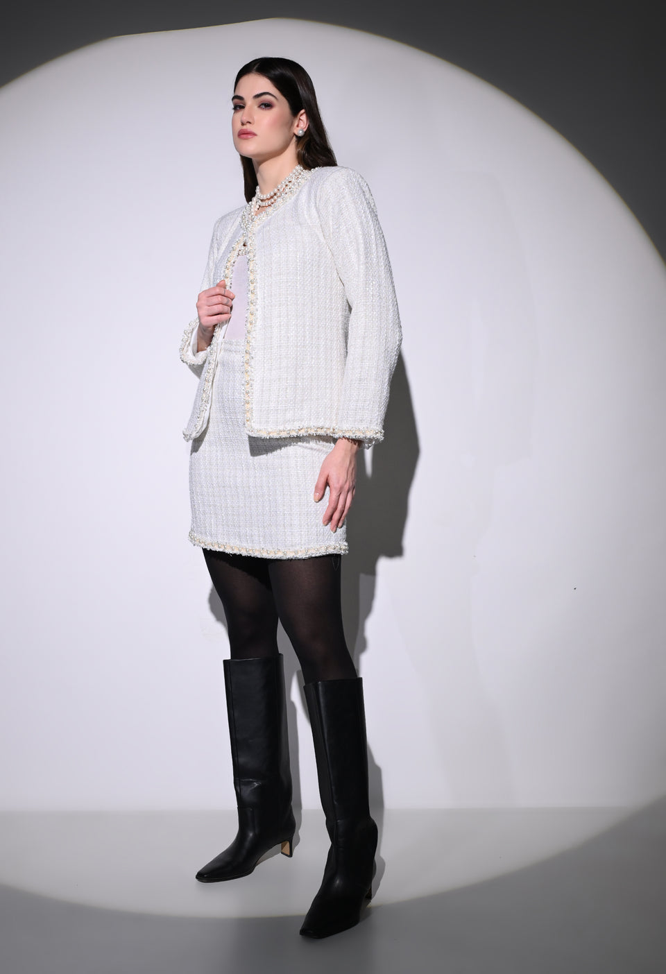 White Vintage Pearl Skirt and Jacket Set