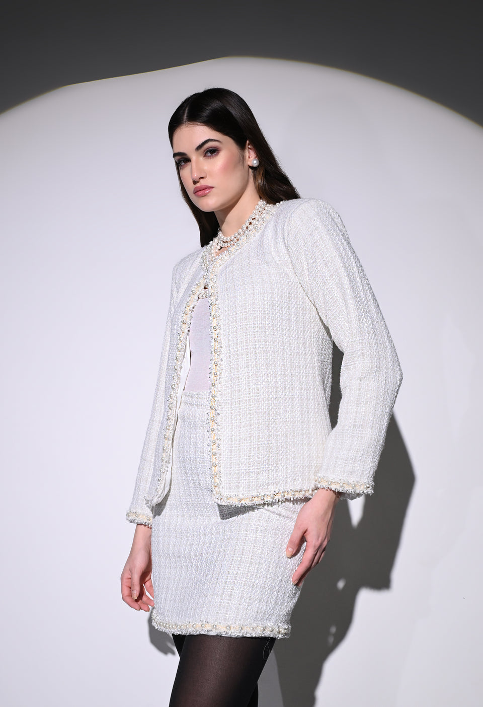 White Vintage Pearl Skirt and Jacket Set