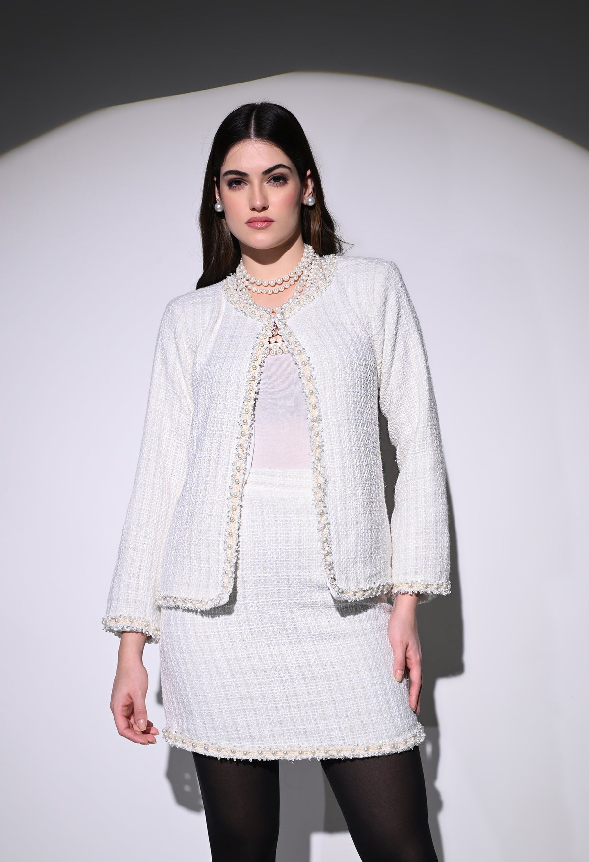 White Vintage Pearl Skirt and Jacket Set