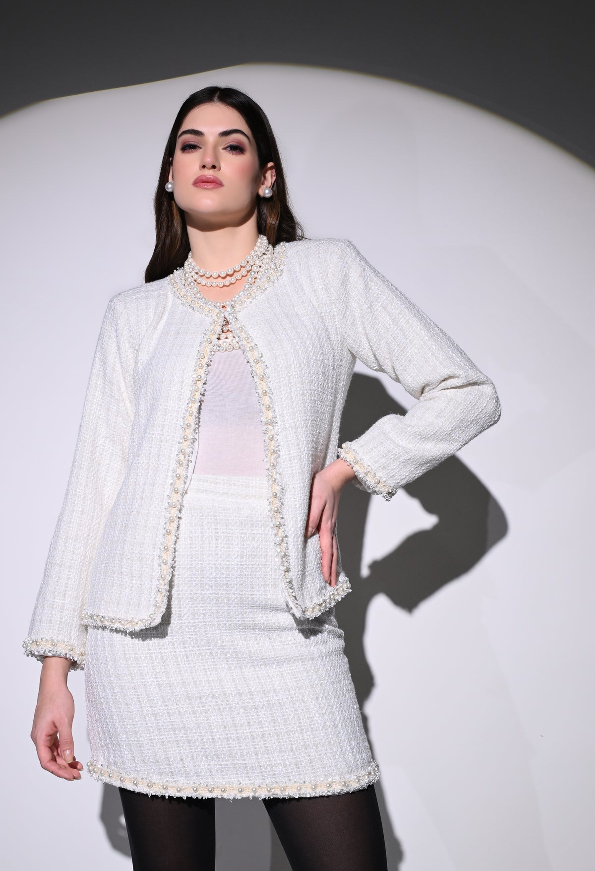 White Vintage Pearl Skirt and Jacket Set