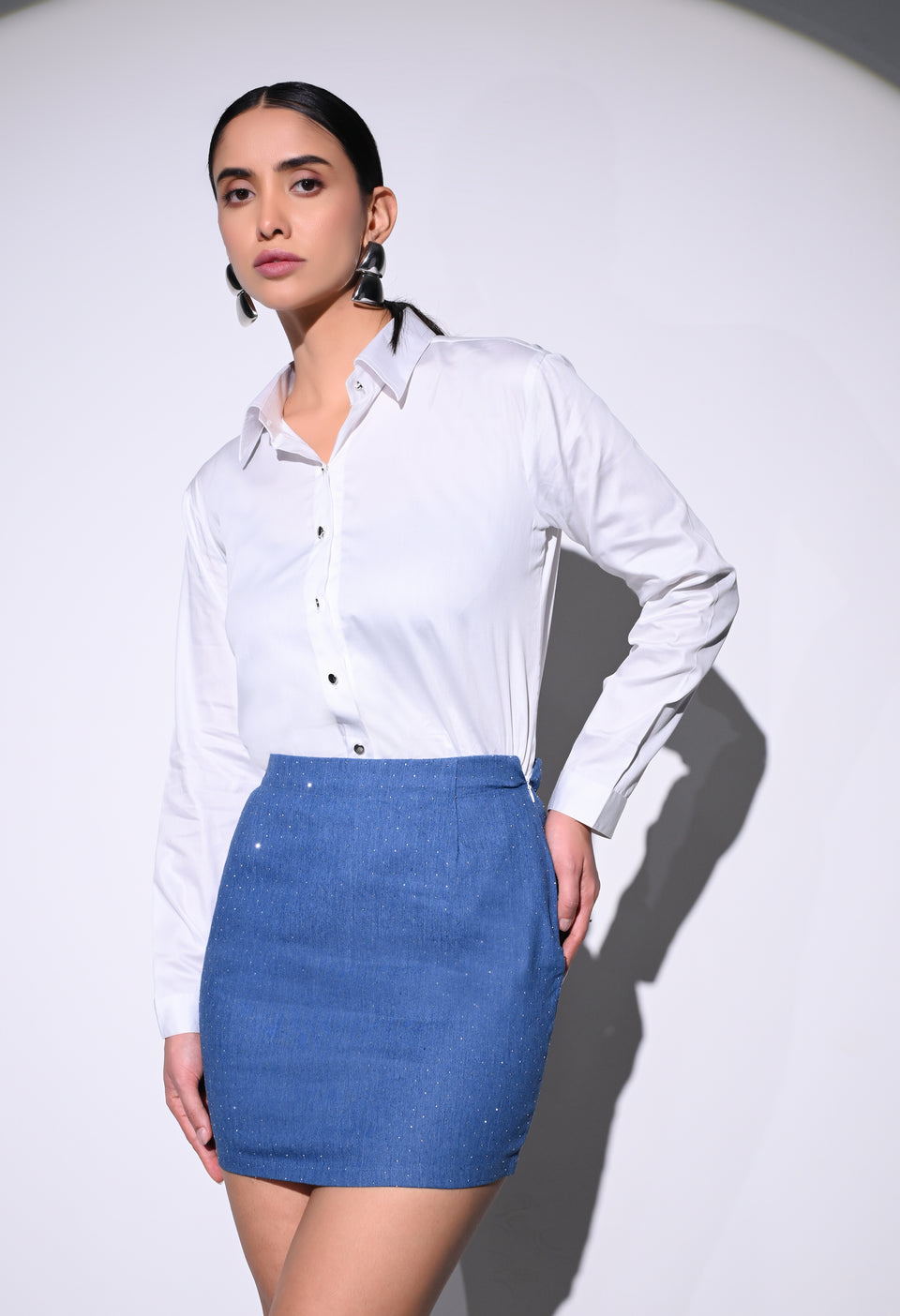 Denim Glitter Skirt and Shirt Set