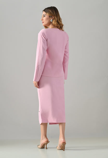 Powder pink coat and skirt set with swarowski and pearl embroidery
