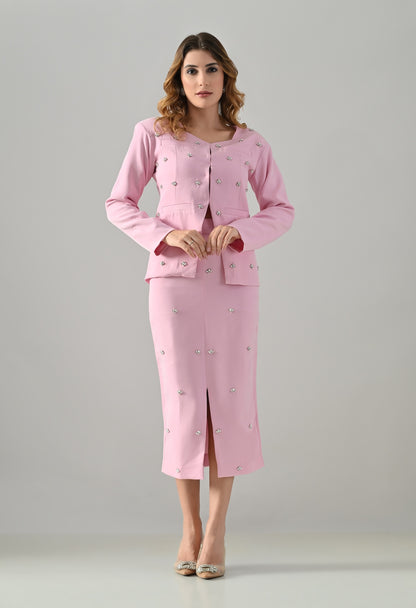Powder pink coat and skirt set with swarowski and pearl embroidery