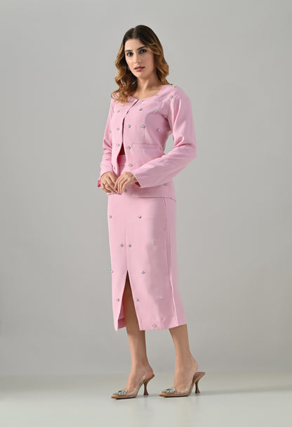 Powder pink coat and skirt set with swarowski and pearl embroidery