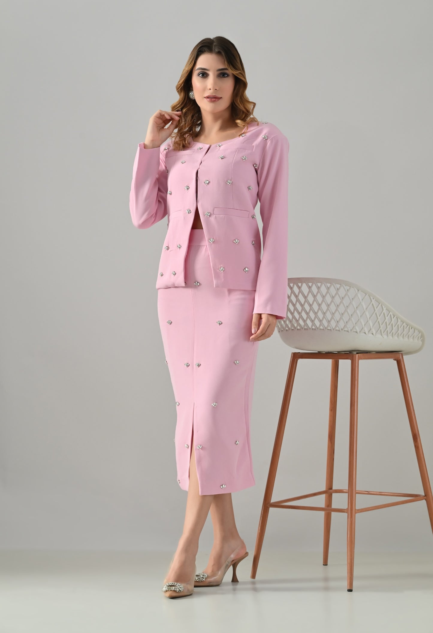 Powder pink coat and skirt set with swarowski and pearl embroidery