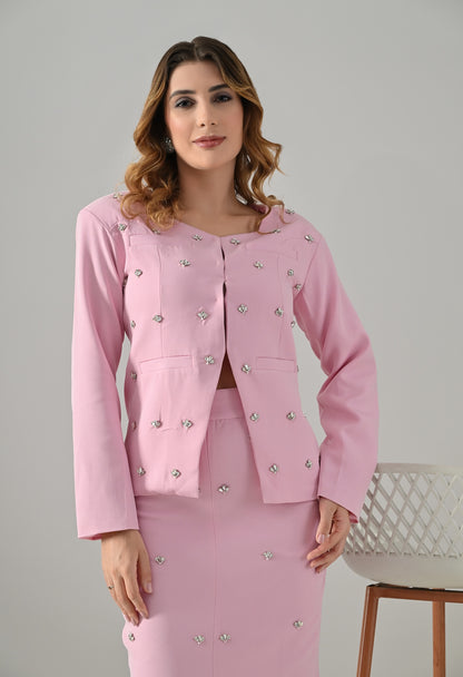 Powder pink coat and skirt set with swarowski and pearl embroidery