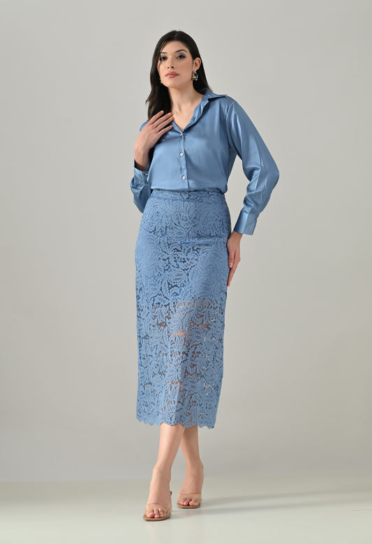 Blue lace skirt with blue satin shirt