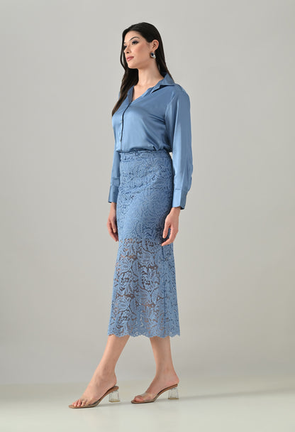 Blue lace skirt with blue satin shirt