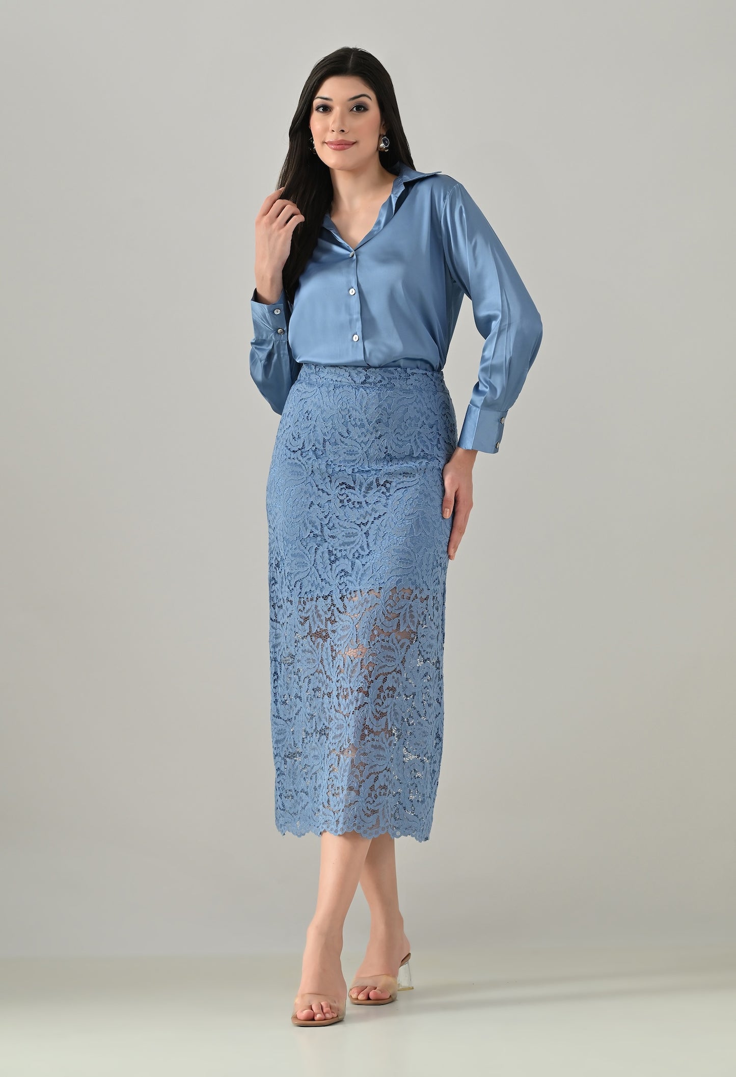 Blue lace skirt with blue satin shirt