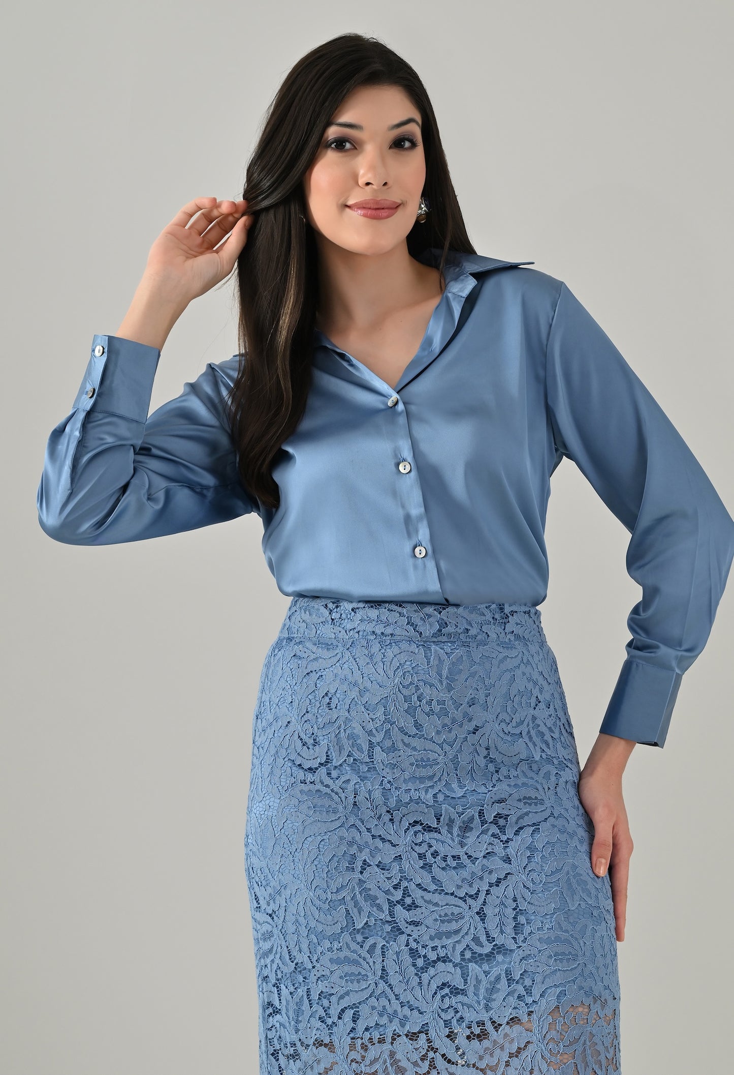 Blue lace skirt with blue satin shirt