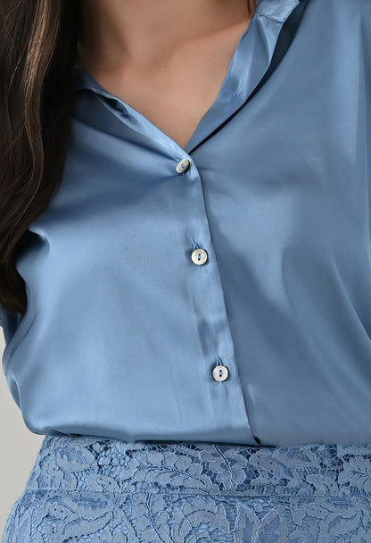 Blue lace skirt with blue satin shirt