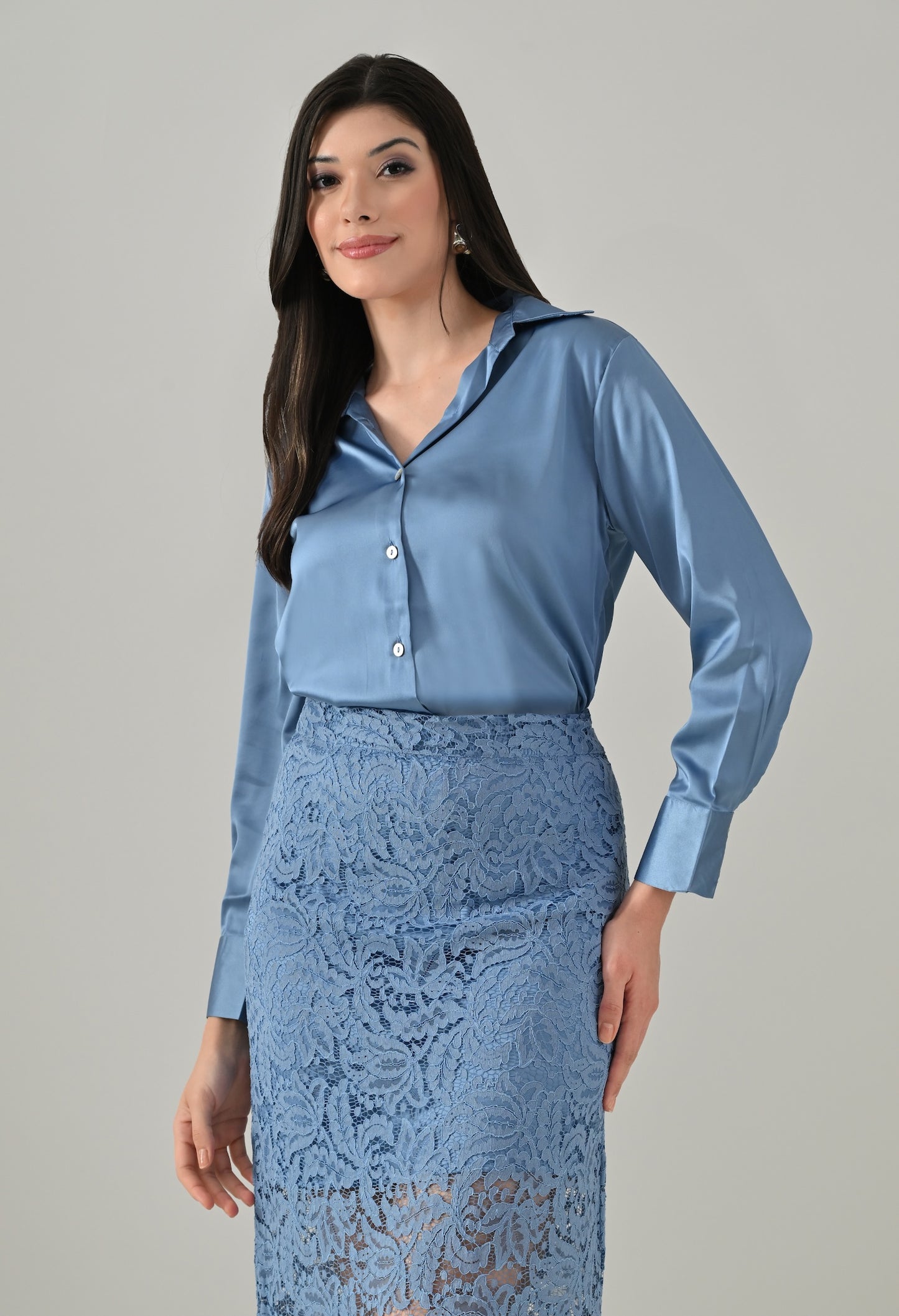 Blue lace skirt with blue satin shirt