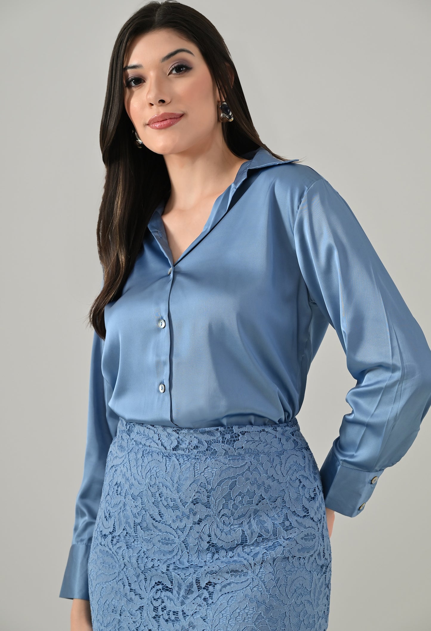 Blue lace skirt with blue satin shirt