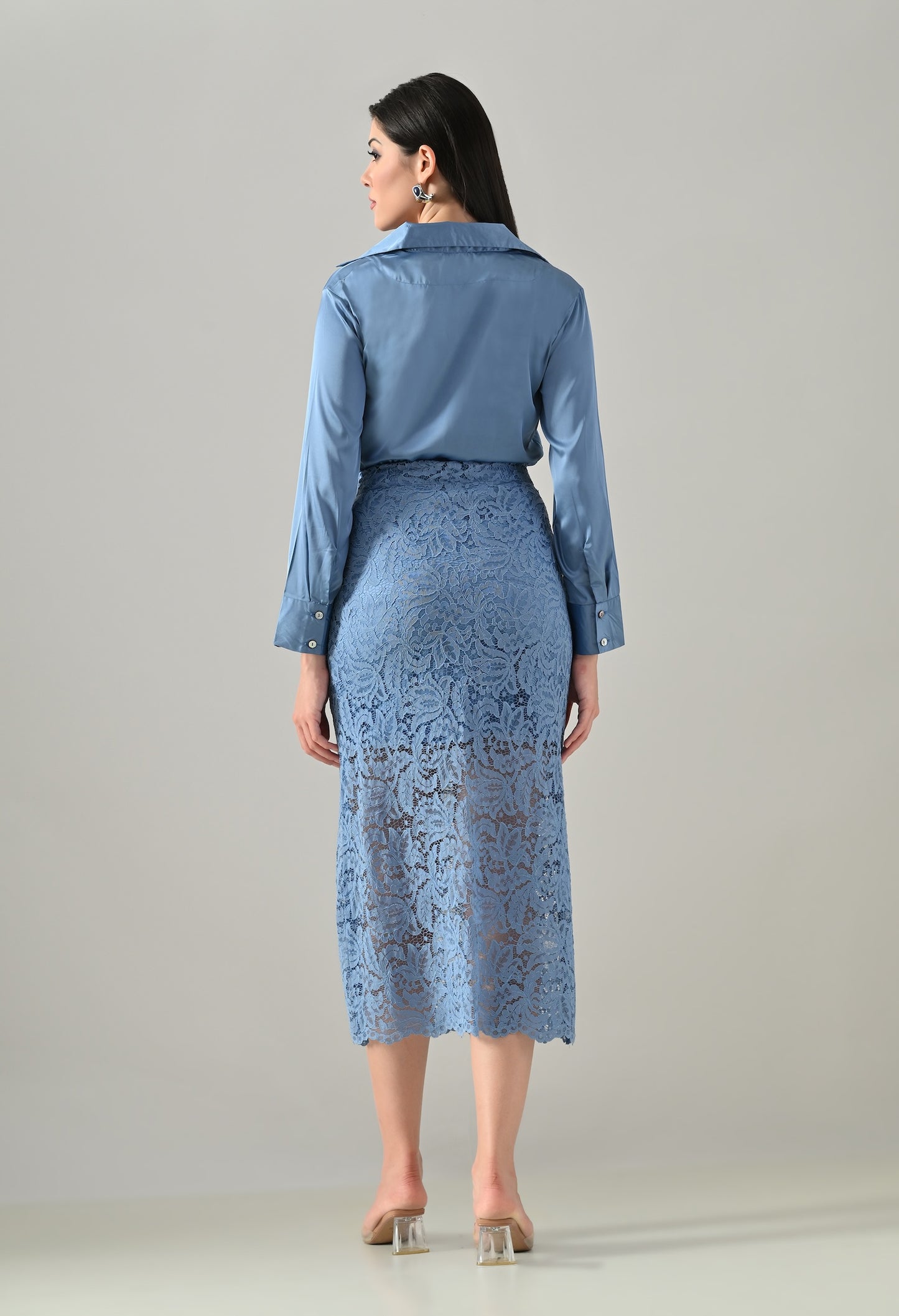Blue lace skirt with blue satin shirt