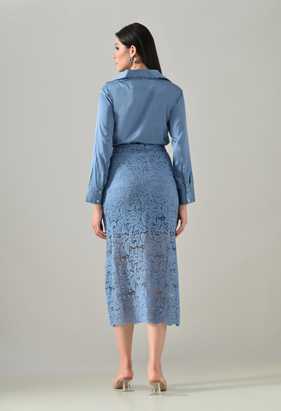 Blue lace skirt with blue satin shirt