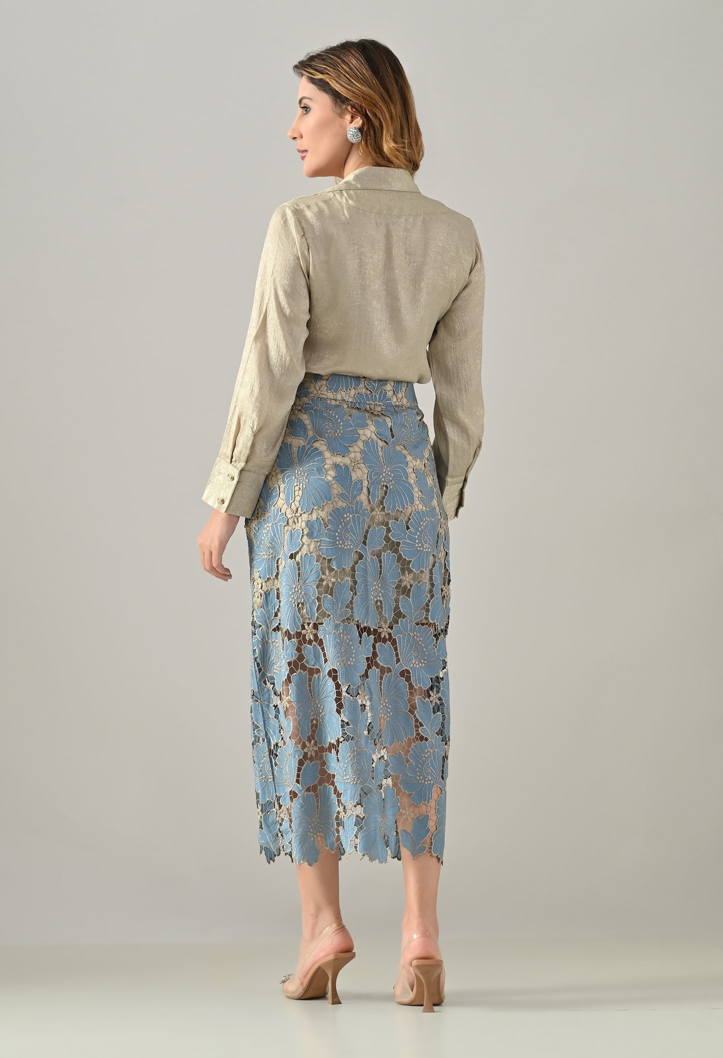Golden shirt with blue lace skirt