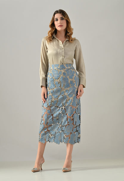 Golden shirt with blue lace skirt