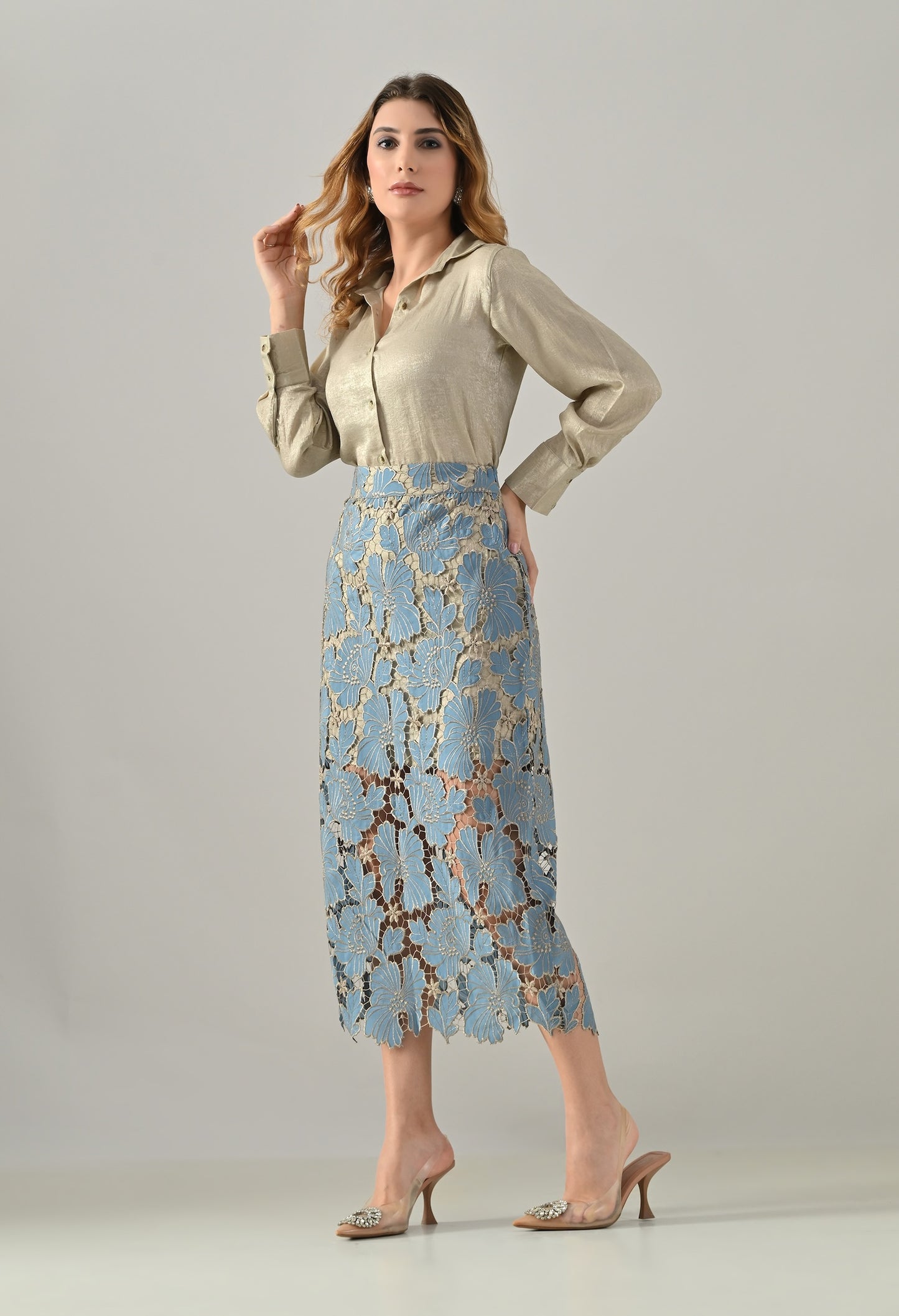 Golden shirt with blue lace skirt