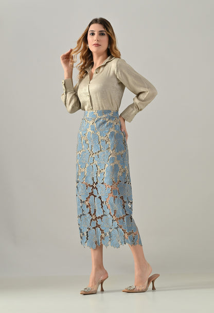Golden shirt with blue lace skirt