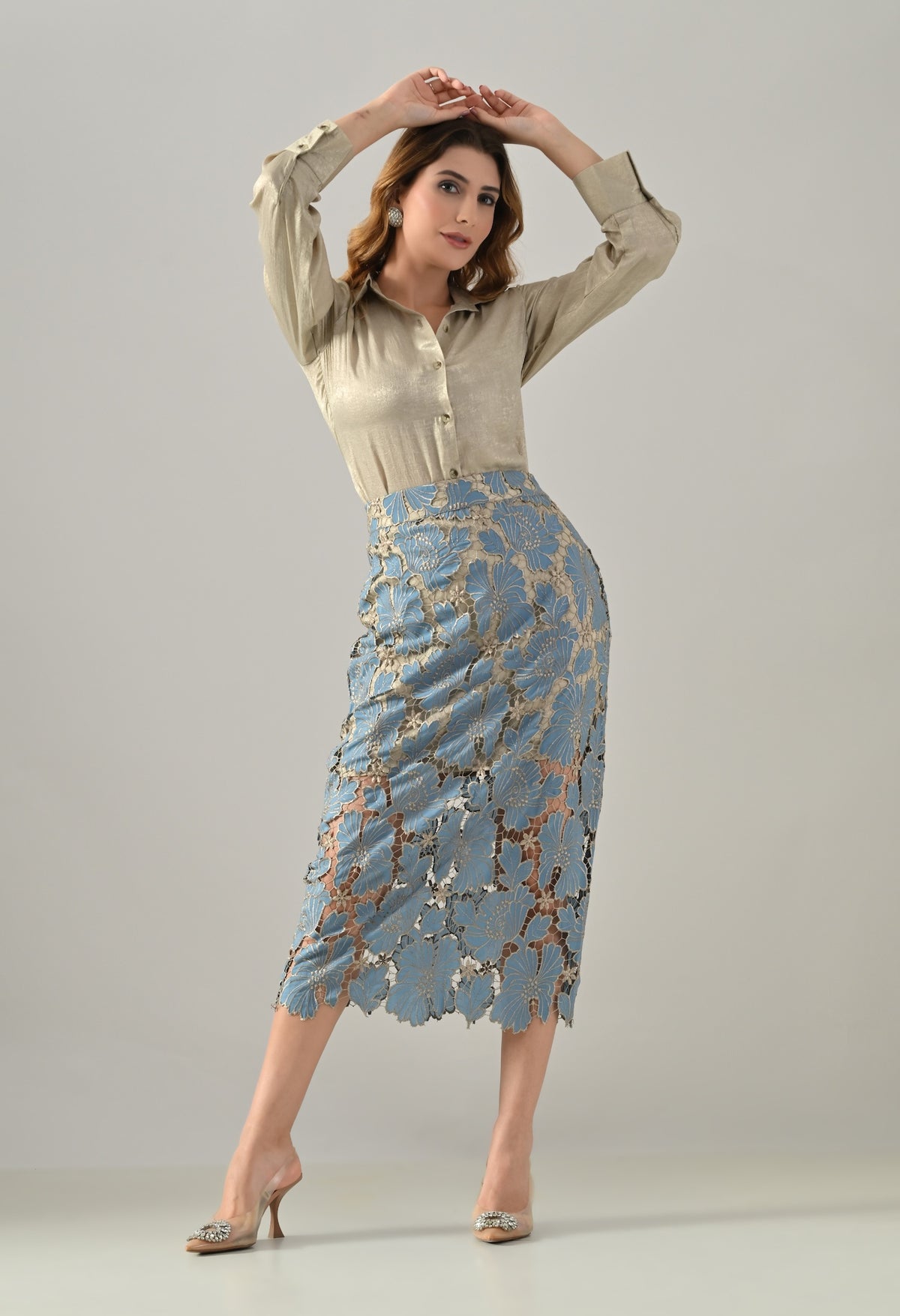 Golden shirt with blue lace skirt