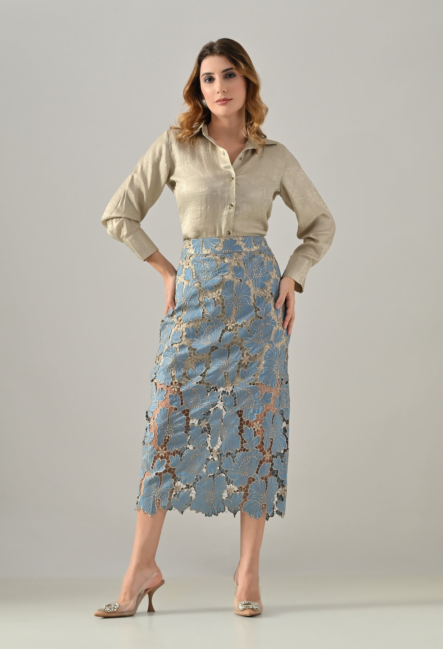 Golden shirt with blue lace skirt