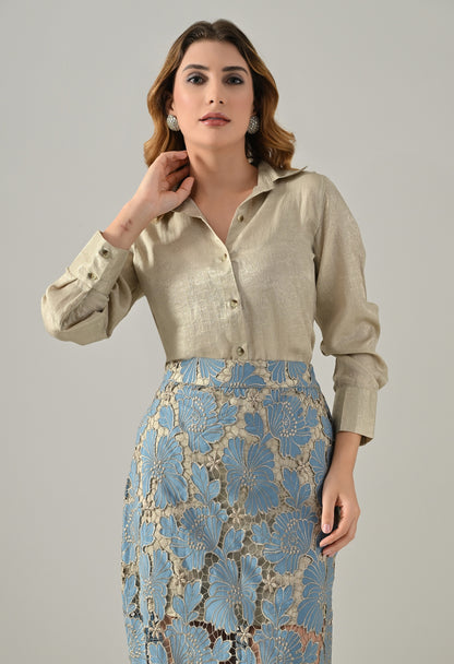Golden shirt with blue lace skirt