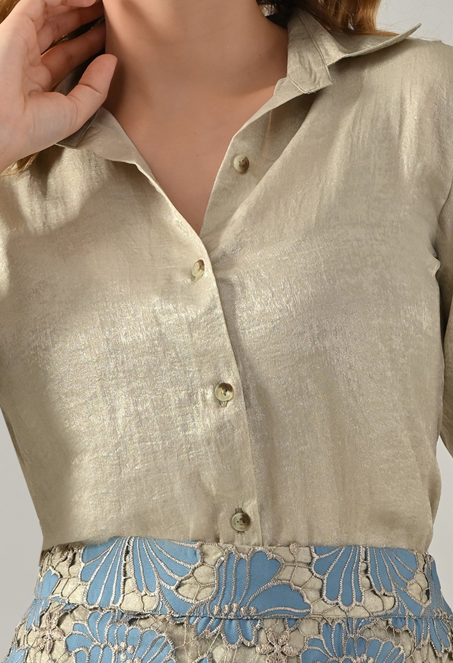 Golden shirt with blue lace skirt