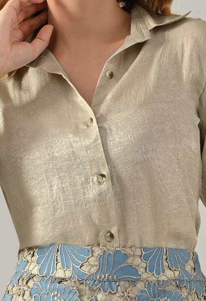 Golden shirt with blue lace skirt