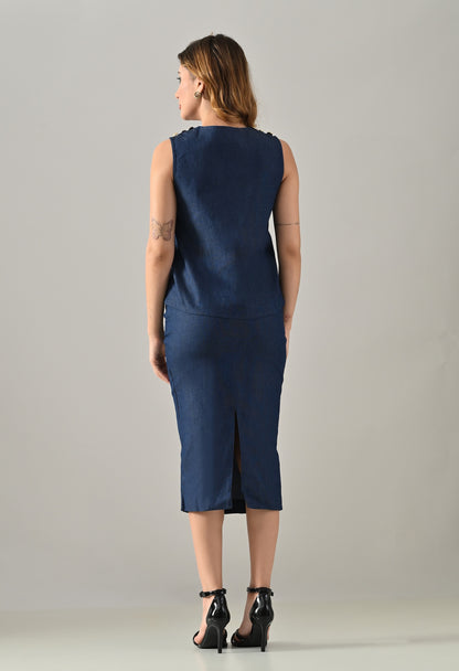 Blue denim waistcoat and skirt with golden buttons