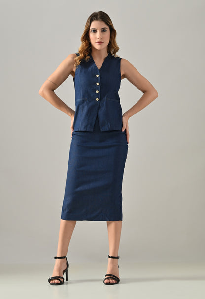 Blue denim waistcoat and skirt with golden buttons