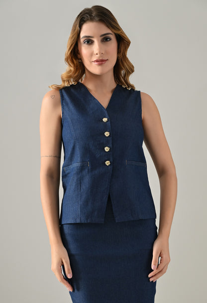 Blue denim waistcoat and skirt with golden buttons