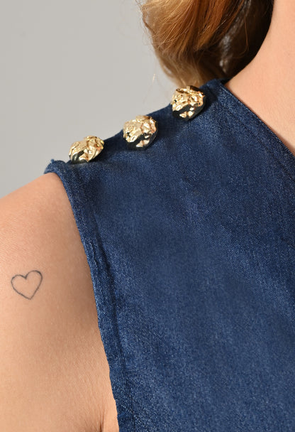 Blue denim waistcoat and skirt with golden buttons