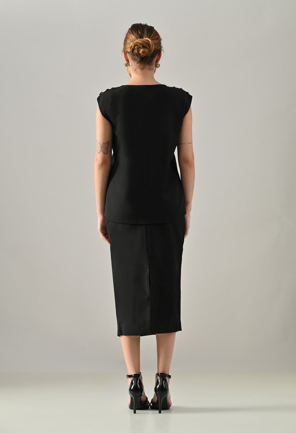 Black waistcoat with golden buttons and black midi skirt set