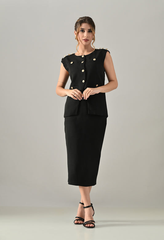 Black waistcoat with golden buttons and black midi skirt set