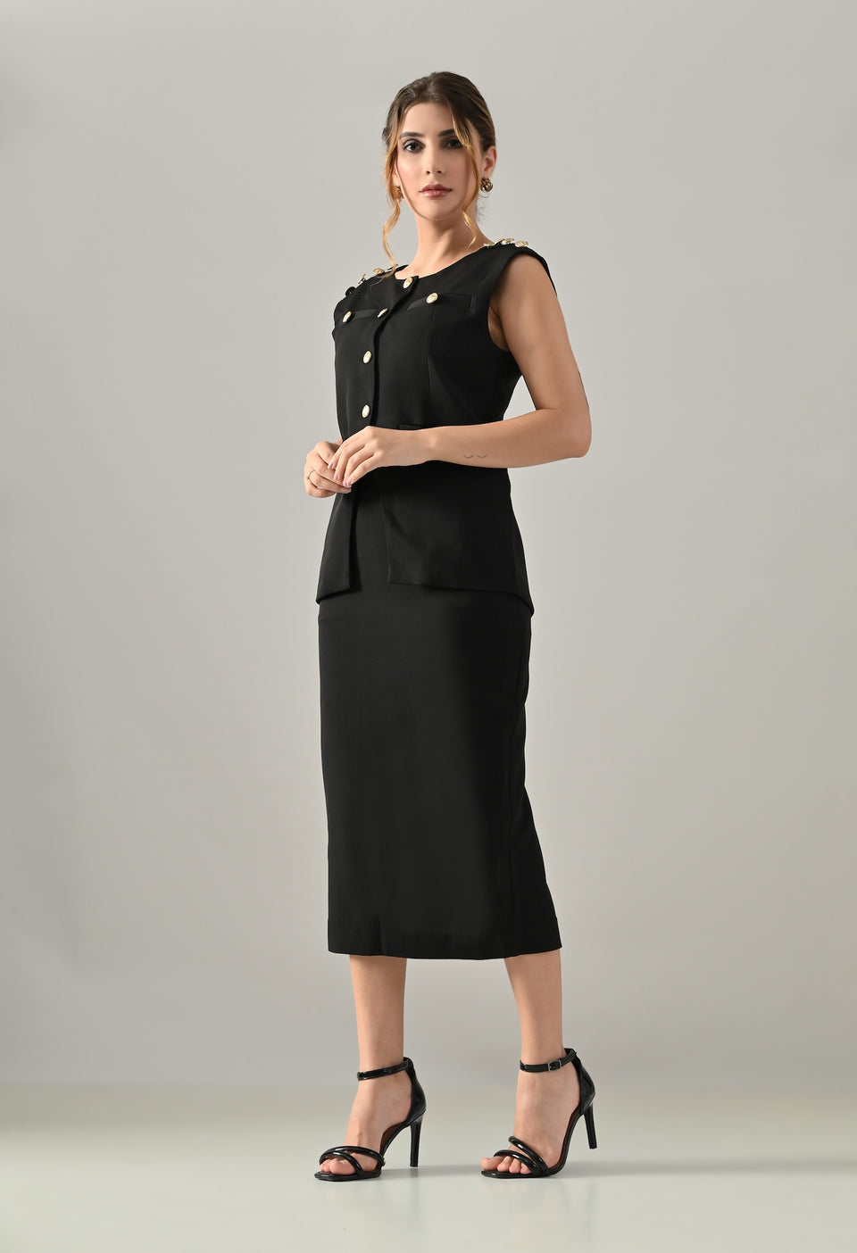 Black waistcoat with golden buttons and black midi skirt set