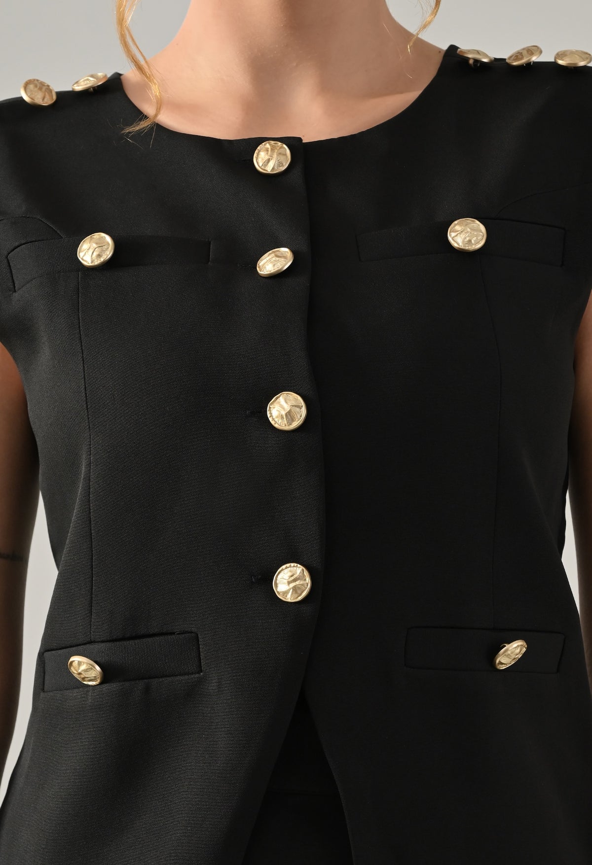 Black waistcoat with golden buttons and black midi skirt set