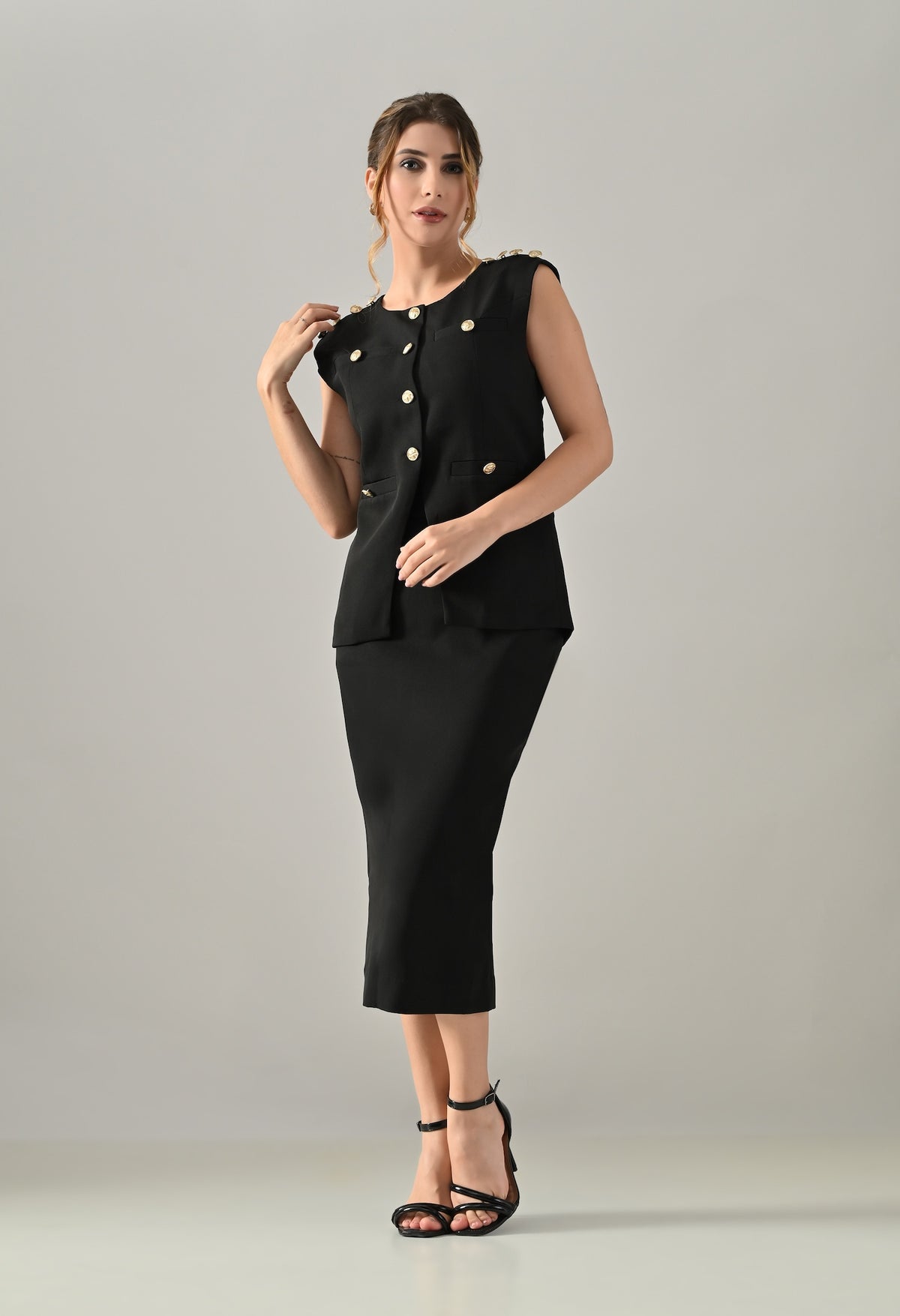 Black waistcoat with golden buttons and black midi skirt set
