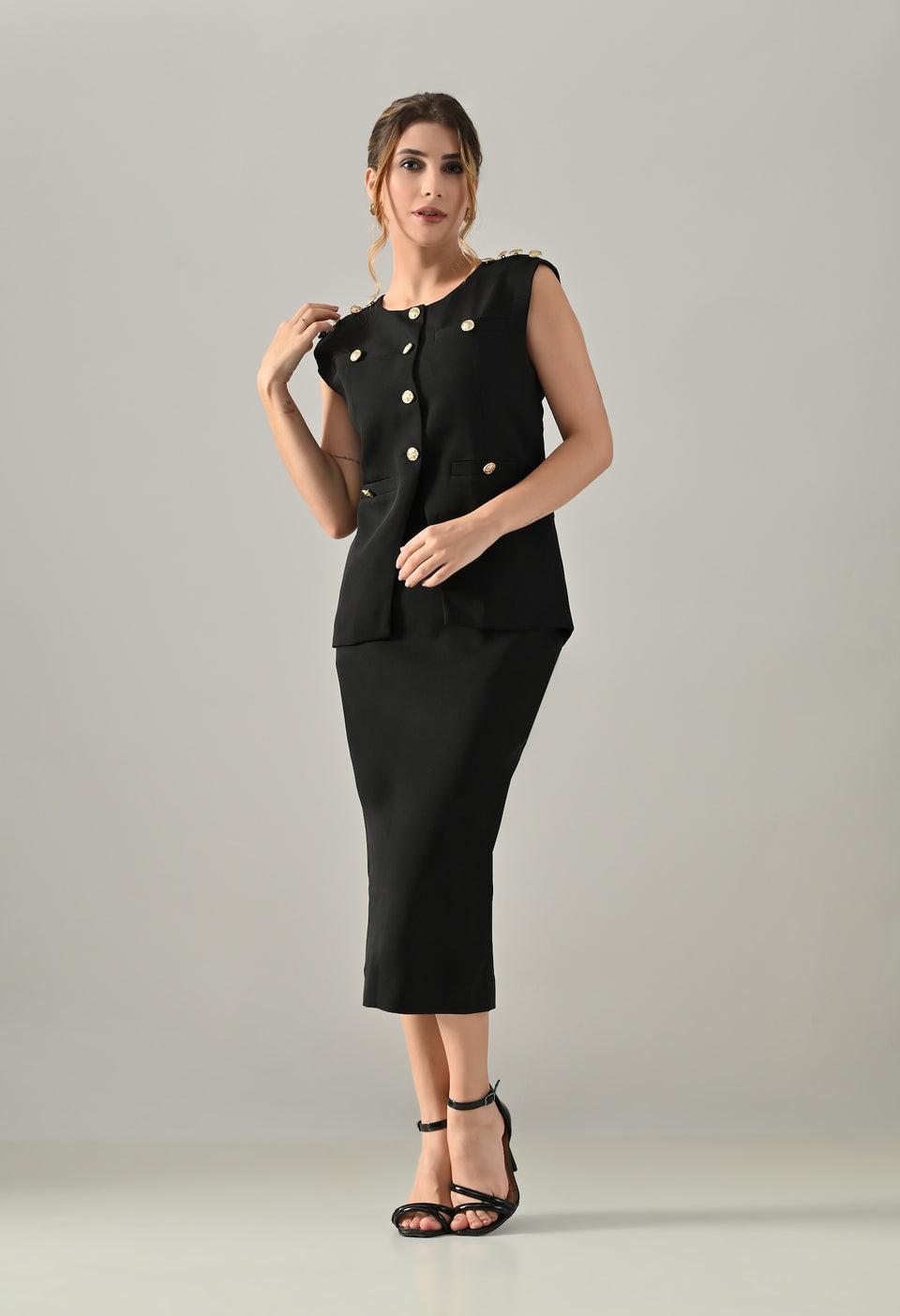 Black waistcoat with golden buttons and black midi skirt set