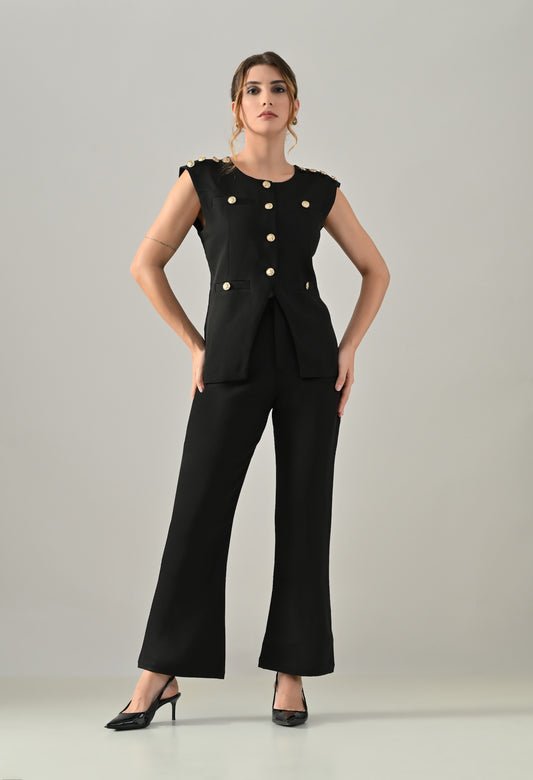 Black waistcoat with golden buttons and black flared pants