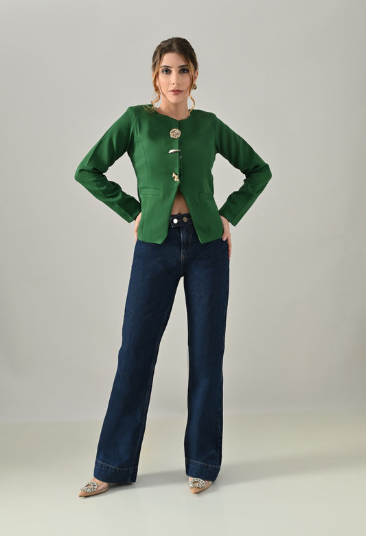 Green coat with bold golden buttons