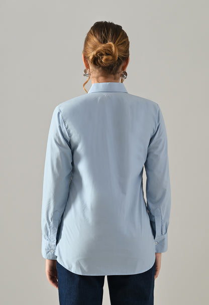 Blue shirt with white cutwork embroidery