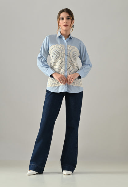 Blue shirt with white cutwork embroidery