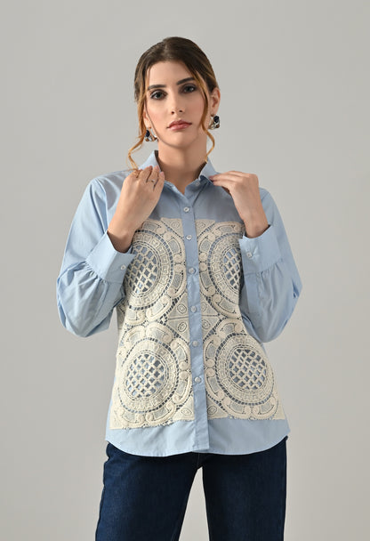 Blue shirt with white cutwork embroidery
