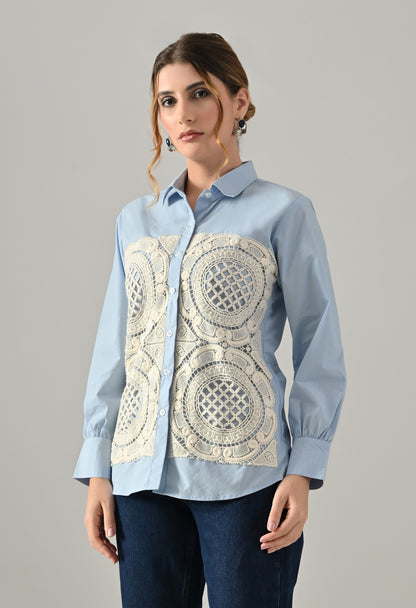 Blue shirt with white cutwork embroidery