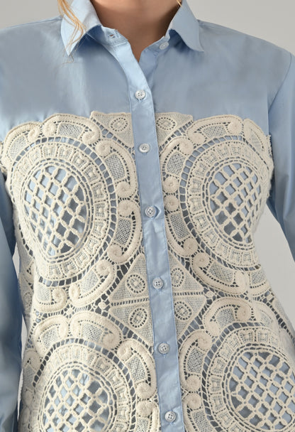 Blue shirt with white cutwork embroidery